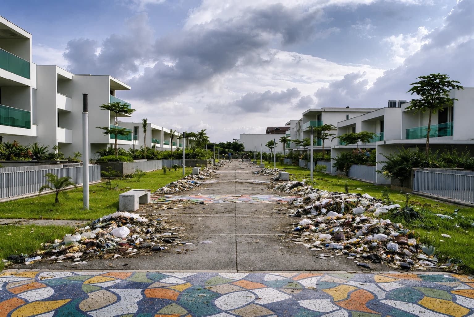 Rue résidentielle encombrée de déchets avant sa transformation